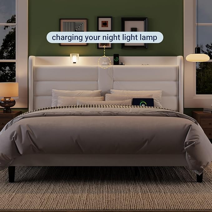 Allewie King Size Platform Bed Frame with Charging Station & Storage Headboard, Upholstered Velvet Wingback Design & USB Port, Strong Wooden Slats Support, No Box Spring Needed, Easy Assembly, White