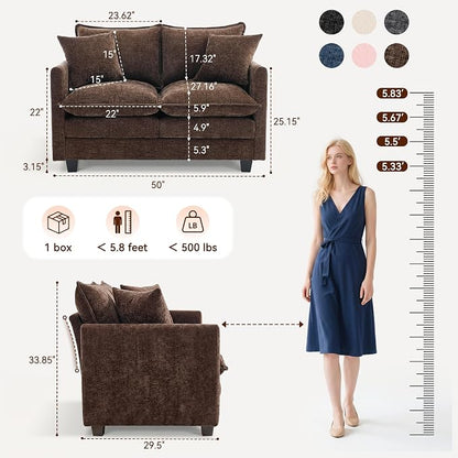 Loveseat Sofa Couch, Small Mini Compact 50" Love Seat 27" Deep Cloud Sofa Seat Washable Chenille Pillow for Apartment Bedroom Dorm Attic Studio Office Living Room Small Space 8833-BRWON