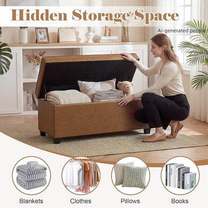 Asense 40" Storage Ottoman Bench, Faux Leather Tufted Upholstered End of Bed Bench with Safety Hinge for Bedroom,Entryway,Living Room,Caramel Brown