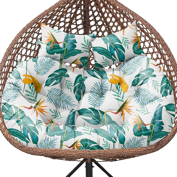 Double Egg Chair Cushion Replacement Waterproof for Outdoor Patio Hanging Basket Egg Chairs, 59x43-Inch Thickened 100% Cotton Large Double Eggs Swing Chair Cushions, Yellow-Green Leaf