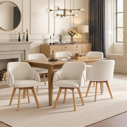 Swivel Dining Chairs Set of 6, Mid Century Modern Dining Chairs with Arms and Wood Legs, Linen Fabric Upholstered Kitchen Chairs for Dining Room Living Room, Comfortable Widen Seat, Beige