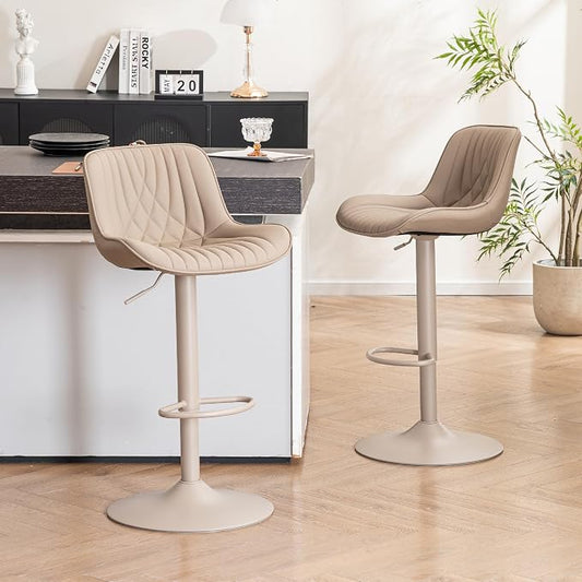 YOUTASTE Bar Stools Set of 2, Adjustable Swivel Counter Height Barstools with Back, All Khaki Faux Leather Upholstered Bar Chairs with Metal Base, Stools for Kitchen Island or Home Bar