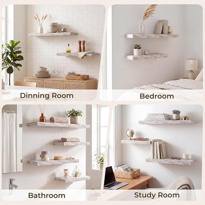 RICHFOCUS 8 Inch Floating Shelves for Wall Small Square Shelves Set for Plant|Bedroom|Kitchen|Bathroom Rustic Wood Wall Mounted Shelf with Invisible Brackets for Books|Storage|Decor, Rustic White