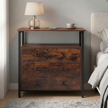 Edbuosy 3 Wooden Drawers Night Stand, 27 Inch Wide Nightstand with Charging Station and Adjustable Drawers, Small Dresser for Closet, Bedside Table for Living Room/Bedroom/Office, Retro Brown