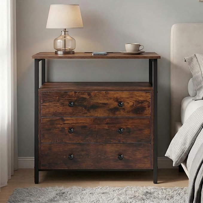 Edbuosy 3 Wooden Drawers Night Stand, 27 Inch Wide Nightstand Set 2 with Charging Station and Adjustable Drawers, Small Dresser for Closet, Bedside Table for Living Room/Bedroom/Office, Retro Brown