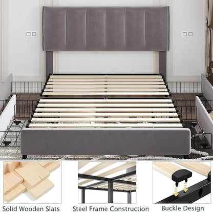 VECELO Full Size Bed Frame with 4 Storage Drawers, Adjustable Height Headboard, Heavy-Duty Platform Bedframe with Strong Wooden Slats, No Box Spring Needed, Dark Grey