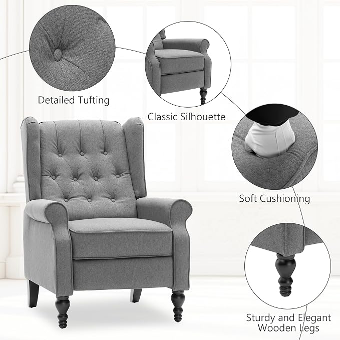 Mid Century Wingback Recliner Chair for Adults, Modern Linen Fabric Push Back Recliner Chairs with Button Tufted Upholstered Back & Footrest, Manual Recliner Chais for Living Room, Nursery, Gray