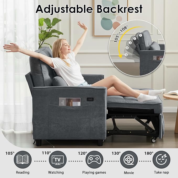3 in 1 Convertible Sofa Bed, Pull Out Couch with Side Pocket, Sleeper Sofa with Adjustable Backrest | USB Charging Port | Two Pillows | Fabric | Charcoal Grey