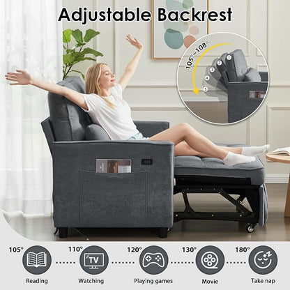 3 in 1 Convertible Sofa Bed, Pull Out Couch with Side Pocket, Sleeper Sofa with Adjustable Backrest | USB Charging Port | Two Pillows | Fabric | Charcoal Grey