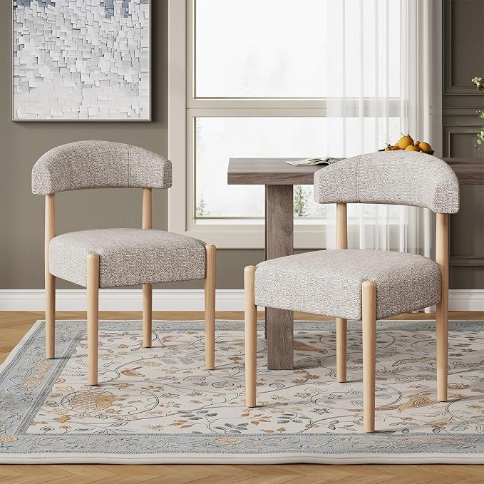VKNOW Wooden Dining Chairs Set of 2 with Curved Open Back, Brown | Natural Rubberwood Legs, Soft Chenille Fabric, Thickened Cushion, For Adults and Family, Dining Room, Kitchen, No Wobble