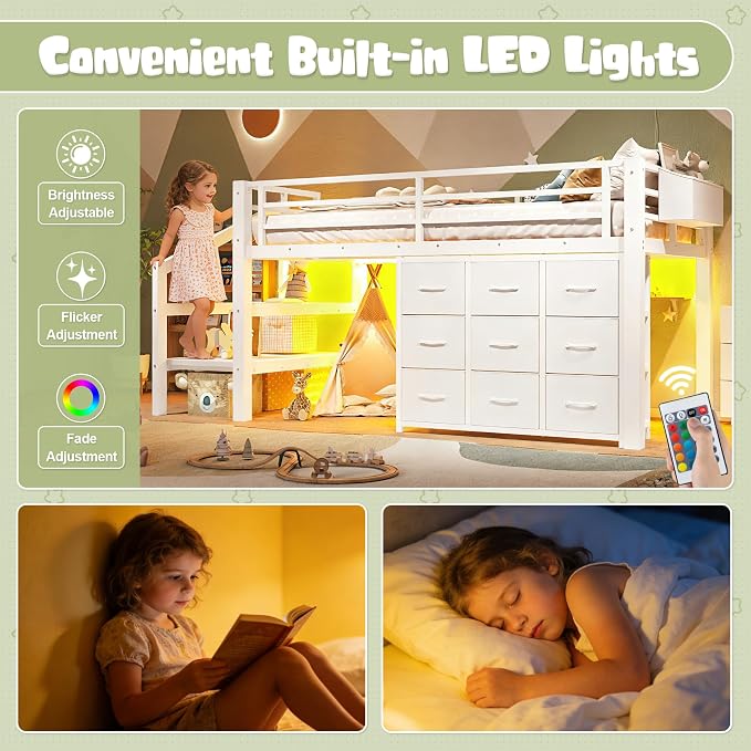 Bellemave Low Loft Bed Twin Size with Storage Stairs and Drawers, Metal Twin Loft Bed for Kids with LED Lights and Shelves, Low Profile Loft Bed Frame for Small Rooms, No Box Spring Needed, White