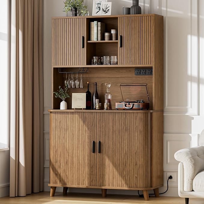 Lulive 71" Tall Pantry Cabinet with Rolling & Sliding Doors, 39" Wide Kitchen Storage Cabinet with Charging Station and Open Countertop, Modern Kitchen Pantry Cabinet for Dining Room, Walnut