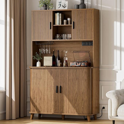 Lulive 71" Tall Pantry Cabinet with Rolling & Sliding Doors, 39" Wide Kitchen Storage Cabinet with Charging Station and Open Countertop, Modern Kitchen Pantry Cabinet for Dining Room, Walnut