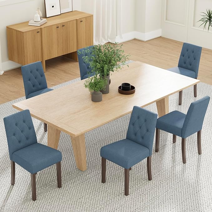 Upholstered Dining Chairs Set of 6, Modern Fabric Dining Chairs with Tufted Design, Kitchen Side Chairs, Farmhouse Dinner Chair with Wood Legs for Kitchen Restaurant Living Room, Blue