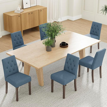 Upholstered Dining Chairs Set of 6, Modern Fabric Dining Chairs with Tufted Design, Kitchen Side Chairs, Farmhouse Dinner Chair with Wood Legs for Kitchen Restaurant Living Room, Blue