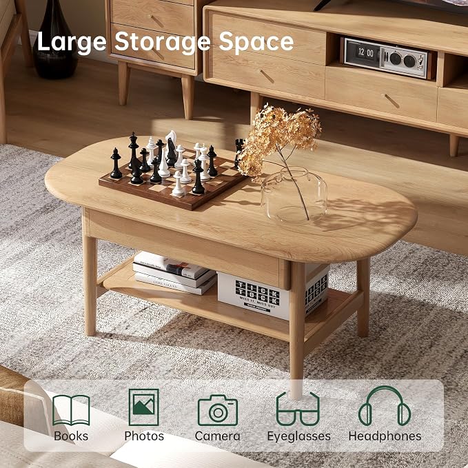 100% Solid Wood Coffee Table for Living Room, 2-Tier Coffee Table with 2 Drawers and Shelf Storage, Mid Century Modern Living Room Table for Home (Oak Natural Wood, 39.37'' W)