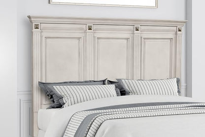 Roundhill Furniture Renova Distressed Parchment Wood Bedroom Set, Panel Bed, Dresser, Mirror, Nightstand, King
