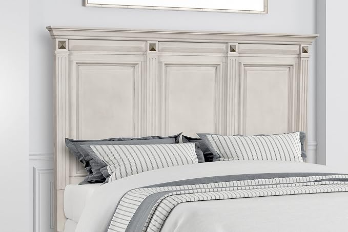 Renova Distressed Parchment Wood Bedroom Set, Panel Bed, Dresser, Mirror, Two Nightstands, Chest