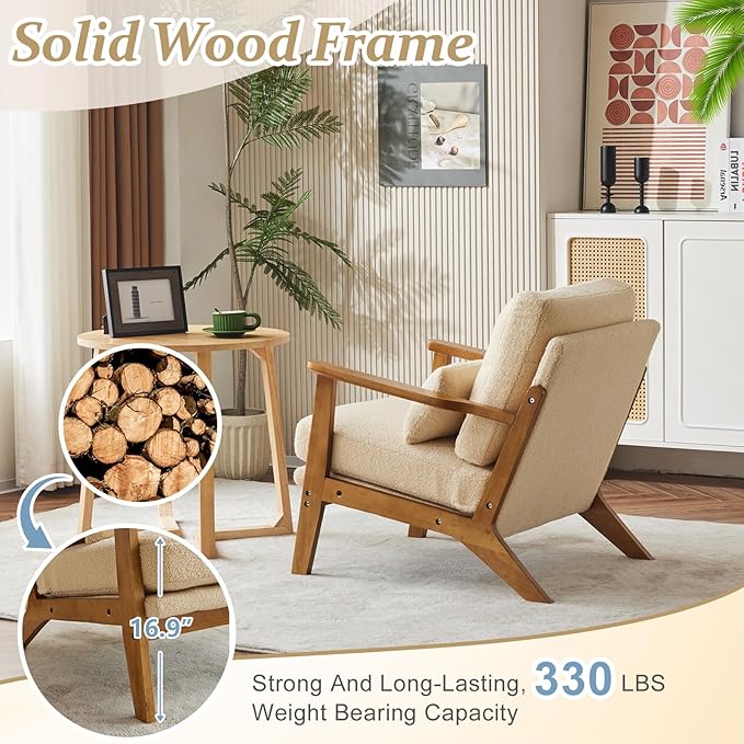 VINGLI Solid Wood Wide Armrests Accent Chair,Upholstered Mid Century Modern Chair with Pillow,Comfy Reading Chair Farmhouse Arm Chair,Chairs Living Room,Bedroom,Guest Room,Teddy Fleece,Khaki