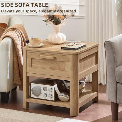 Joaxswe Farmhouse Night Stand Set of 2 with Charging Station, Wood Bed Side Tables Bedroom Set of 2 with Drawer & Open Storage Shelf, Natural Wood