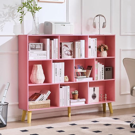 LEYAOYAO 10 Cube Bookshelf, 3 Tier Vintage 55" Wide Bookcase with Legs, Mid-Century Wood Bookshelves Storage, Light Pink Large Book Case, Freestanding Organizer Display Shelf for Living Room, Office