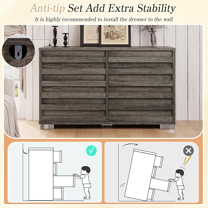LUXOAK 2 Pcs Bedroom Furniture Sets - Includes 1 X Farmhouse 6 Drawers Dresser, 1X Farmhouse Queen Size Bed Frame with 49" Tall Headboard, Wooden Platform Bed with Hidden Metal Bed Frame, Rustic Grey