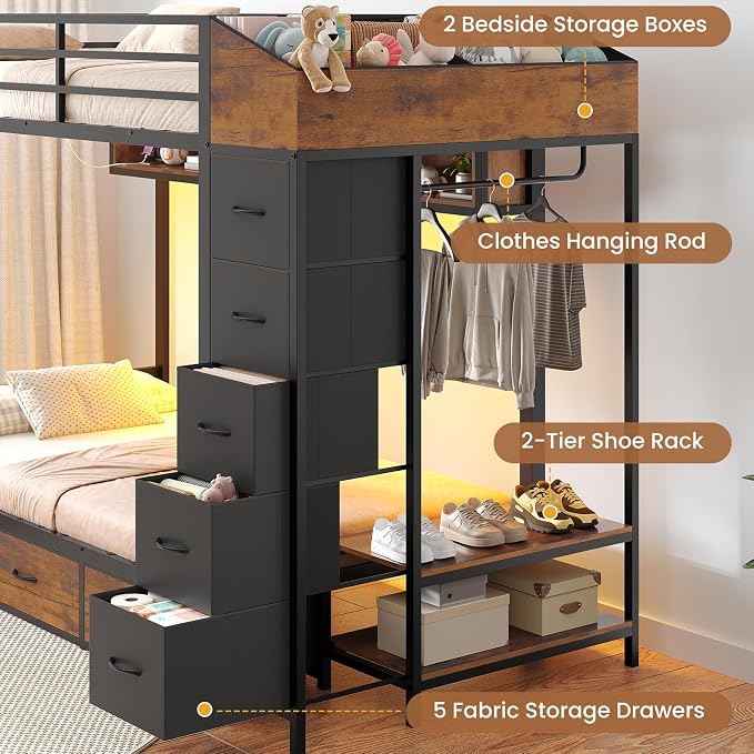 VIAGDO Bunk Bed Twin Over Twin with 8 Storage Drawers and Power Outlets, LED Twin Bunk Beds with Hall Tree and Shelves, Metal Bunk Beds with Safety Guardrail & Ladder for Dorms, Kids, Black