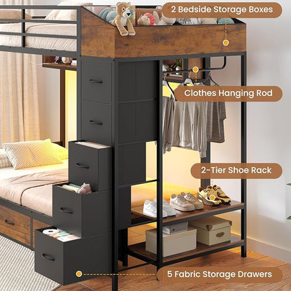 VIAGDO Bunk Bed Twin Over Twin with 8 Storage Drawers and Power Outlets, LED Twin Bunk Beds with Hall Tree and Shelves, Metal Bunk Beds with Safety Guardrail & Ladder for Dorms, Kids, Black