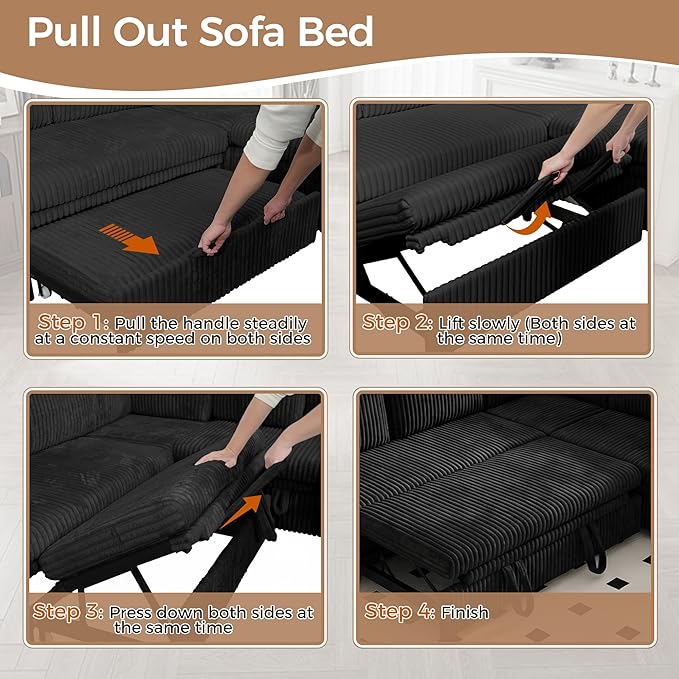 Sectional Sleeper Sofa with Pull Out Bed, 8 Seats U Shaped Modular Sectional Sofa with Storage, USB Ports, Cup Holders, Plush Corduroy Cloud Sectional Couches for Living Room, Black