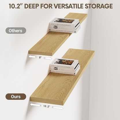 Vivelove 10" Deep Floating Shelves with Invisible Brackets, 36" Wall Shelves for Bathroom Bedroom Kitchen Living Room Laundry Room, Modern Rustic Shelves for Home Decor, 36"x10.2"x1.5", Set of 2, Oak