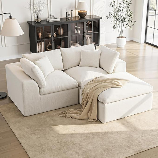 Loveseat Sofa with Ottoman | 72 Inch Modern Boneless Couch for Small Spaces | 2 Seater Small Sofa for Apartment Bedroom Living Room | Love Seat Ivory White