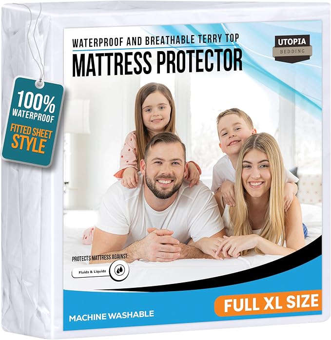 Full XL Size Mattress Protector Waterproof, Premium 200 GSM Terry Mattress Cover, Soft & Breathable Bed Cover, Fitted Sheet Style Stretchable Deep Pockets 15" by Utopia Bedding (White)