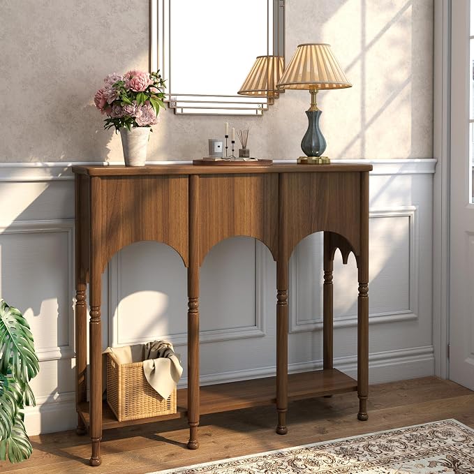 40" Console Table with Storage Shelf, Retro Entryway Table, Wooden Sofa Table with Roman-Style Legs for Living Room, Hallway, Brown
