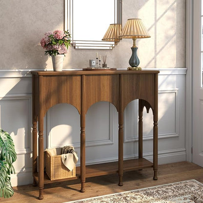 40" Console Table with Storage Shelf, Retro Entryway Table, Wooden Sofa Table with Roman-Style Legs for Living Room, Hallway, Brown