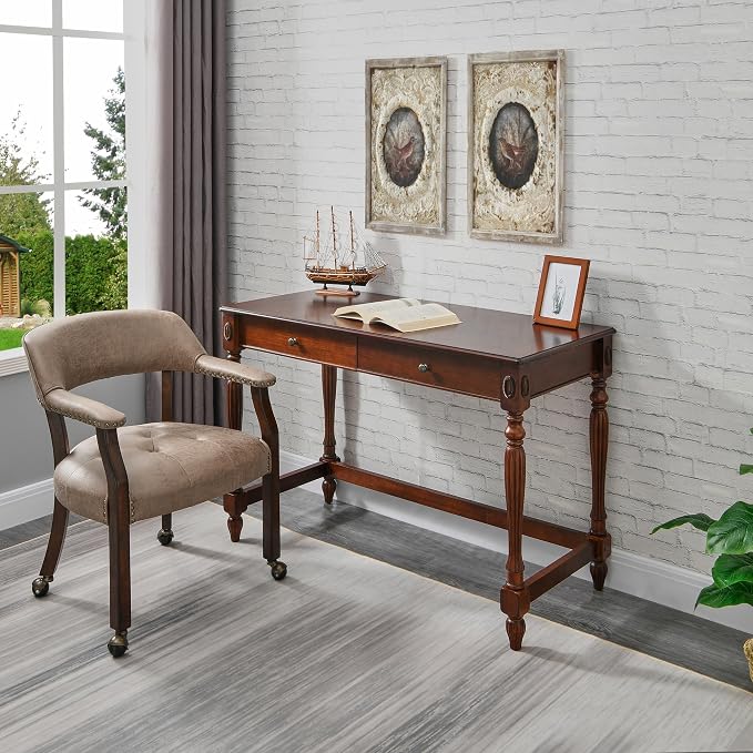 LEEMTORIG Set of 8 Dining Chairs with Casters and Arms, Rolling Dining Chairs with Wheels for Elderly, Ergonomic Wide Seat Wood Office Chair, 26" Dx25.2 W, Espresso Legs&Yellow Brown Fabric SY-318-LT
