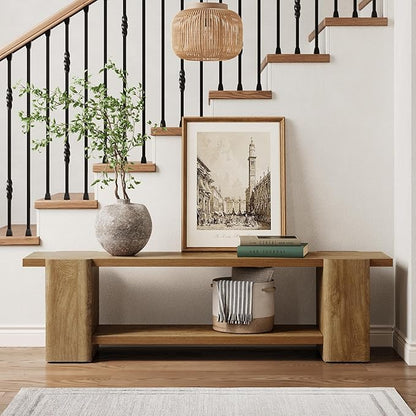 LITTLE TREE Wood Entryway Bench, 63" End of Bed Bench with Storage Shelf, Farmhouse Extra Long Shoe Bench for Entryway, Dining Room, Hallway, Living Room, Bedroom, Natural Oak, 2PCS