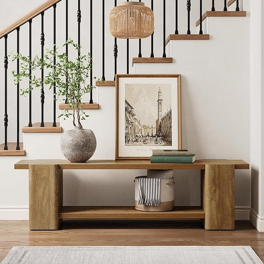 LITTLE TREE Wood Entryway Bench, 63" End of Bed Bench with Storage Shelf, Farmhouse Extra Long Shoe Bench for Entryway, Dining Room, Hallway, Living Room, Bedroom, Double-Reinforced Legs, Natural Oak