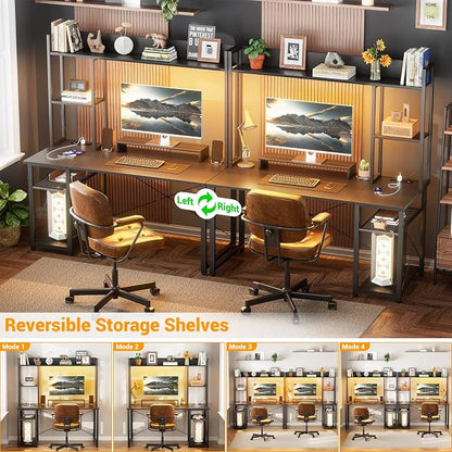 Cyclysio Gaming Desk with Hutch, 47'' Computer Desk with LED Lights & Power Outlets, Home Office Desk with Reversible 5 Tiers Storage Shelves & Monitor Stand, Small Gaming Table for Small Space, Black