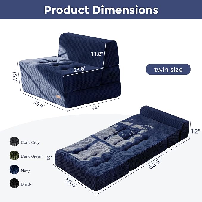 MAXYOYO 8" Folding Sofa Bed, Fold Out Chair Bed, Convertible Floor Sofa Couch, High-Density Foam Tufted Lounge Couch for Living Room Bedroom Dorm, Single, Navy