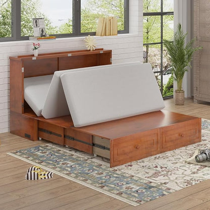 BALUS Murphy Bed, Queen Cabinet Bed with Tri-Fold Memory Foam Mattress, Modern Adults Guest Room Murphy Chest Cube Beds with Built-in Charging Station and Storage Drawers for Bedroom Apartment, Cherry