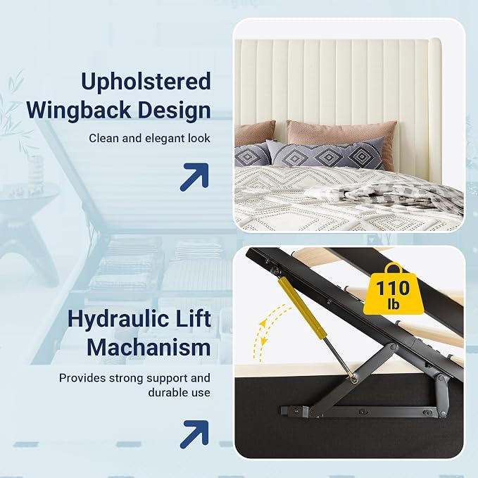 Allewie Queen Size Lift Up Storage Bed Frame, Hydraulic Support System, Upholstered Platform Bed Frame, Underneath Storage, Vertical Channel Tufted Headboard with Wingback, No Box Spring Needed, Cream