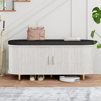 DHH 2-Tier Storage Bench,Wide Shoe Bench with Thickened Padded Seat Cushion, Mid Century Modern Fluted Sliding Door and Adjustable Shelf, for Entryway, Living Room, Bedroom (Grayish White, 43.3“)