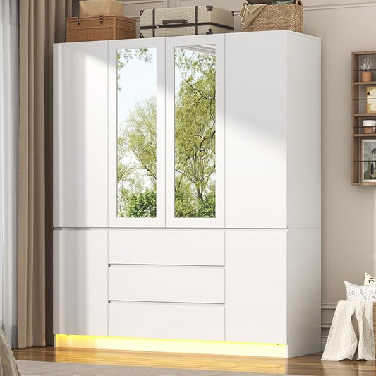 4 Doors Armoire Wooden Wardrobe Closet with 3 Drawers & 2 Mirror, 75"H Clothing Storage Cabinet with Hanging Rod,Modern Bedroom Large Freestanding Armoires with Led Lights for Bedroom, White