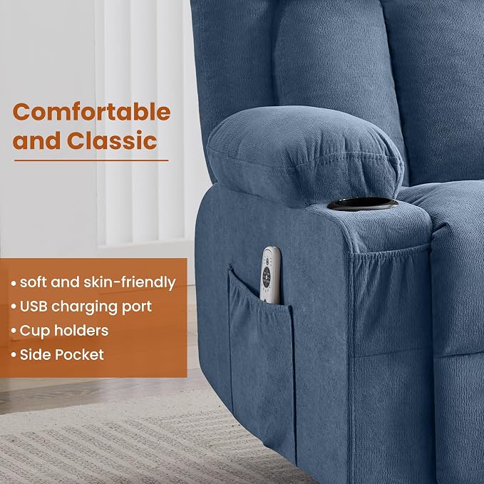 MAHOMICO Swivel Rocker Recliner Chair with Vibration Massage and Heat for Living Room,with Rocking Function and Side Pocket, USB Charge Port,2 Cup Holders