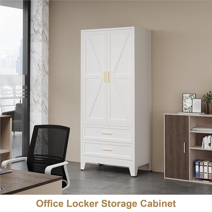 QINPTWUT 71" Tall Metal Wardrobe with Doors, Hanging Rod & Adjustable Shelf, Freestanding Steel Armoire for Bedroom Home Office, 2-Drawer White