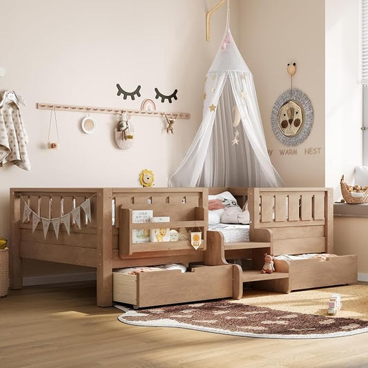 Bellemave Twin Montessori Bed with Stairs, Rails and Slats, Twin Size Montessori Floor Bed with Bookshelf and 2 Storage Drawers, Easy Assemble Beds Frame for Girls, Boys, Natural
