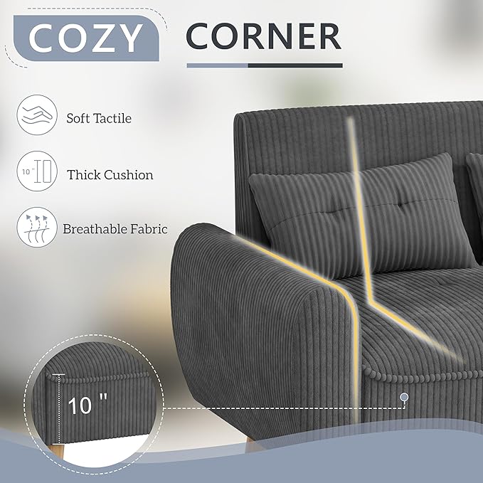 Shintenchi 48'' Loveseat Sofa, Mid-Century Modern Upholstered Couch Deep Seat with 2 Pillows, 10" Thick Cushion with Spring, Solid Wood Frame Small Couch for Living Room, Dorms & Office, Dark Grey