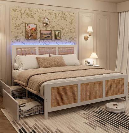 IDEALHOUSE Rattan Bed Frame with Storage Drawers, Boho King Size Led Bed Frame with Strong Metal Slats Support, No Box Spring Needed, Noise-Free Design, White