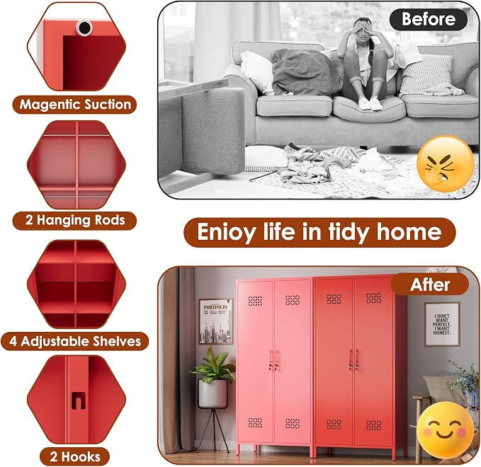 SUPEER 2 Door Red Metal Storage Locker Wardrobe Cabinet | 71 in metal wardrobe cabinet with lock, adjustable shelves, and hanging rods for home, office, garage, gym, or staff storage.