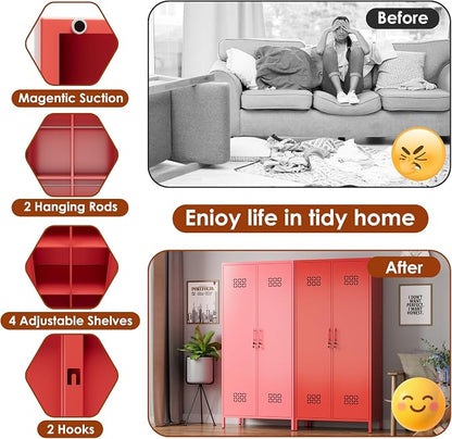 SUPEER 2 Door Red Metal Storage Locker Wardrobe Cabinet | 71 in metal wardrobe cabinet with lock, adjustable shelves, and hanging rods for home, office, garage, gym, or staff storage.